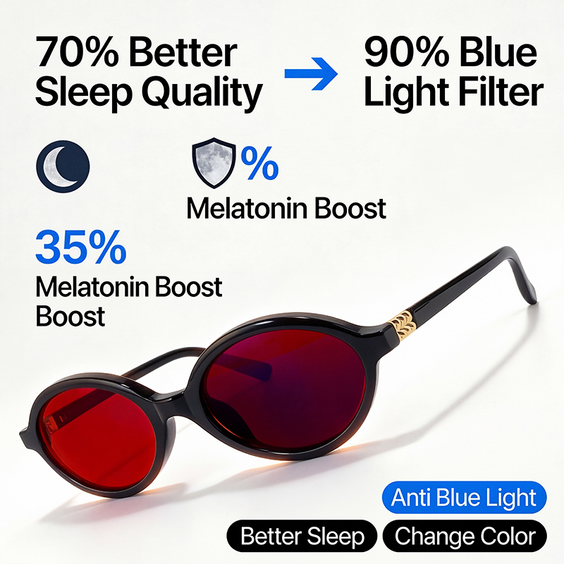 Gaming Glasses Tinted - ブルーライトカットオーバルメガネ 男女兼用 快眠 レッドティントレンズ サングラス パソコンゲーム用